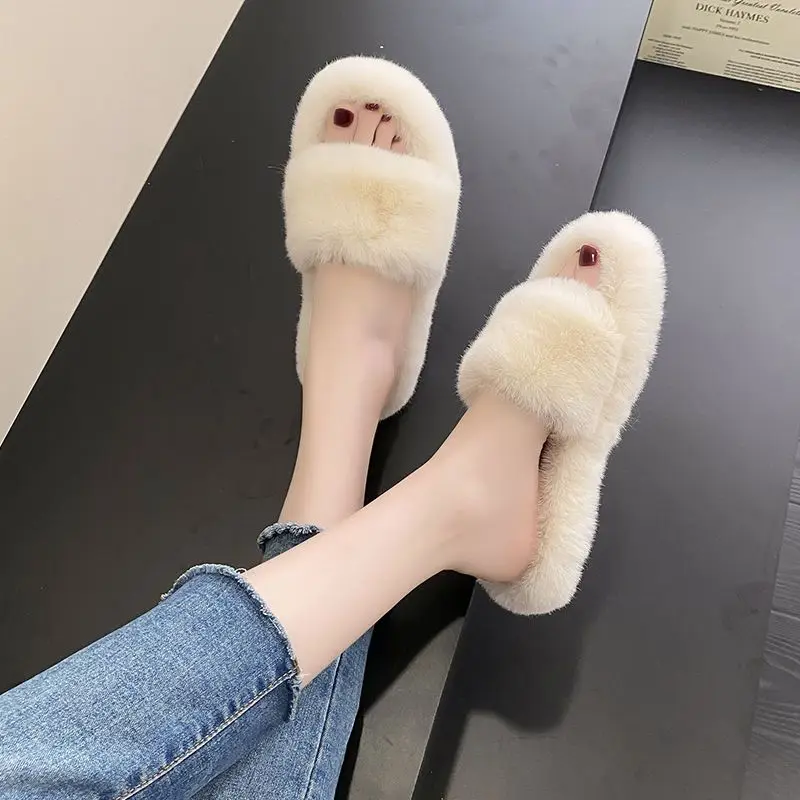 2023 Luxury Women Slippers Soft Winter Fluffy Faux Fur Home Shoes Eva Flat Bottom Ladies Slides