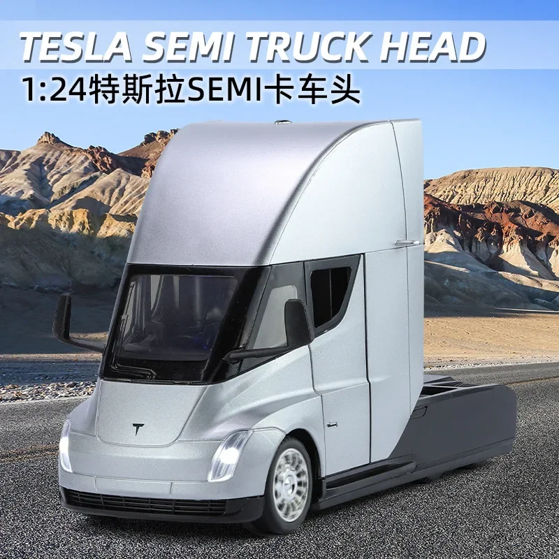 1:24 Teslas Alloy Semi Trailer Truck Head Car Diecast Container Truck Engineering Transport Vehicle Car Model Gift Toys for Boys