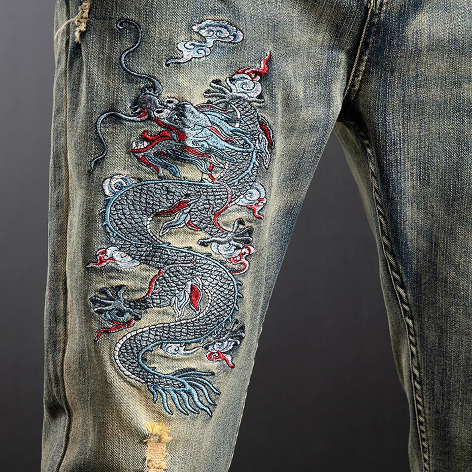 Dragon Embroidered Jeans Men Denim Pants Plus Size Fashion Casual Ripped Jeans Pants Plus Size 42 Trousers Male Bottoms