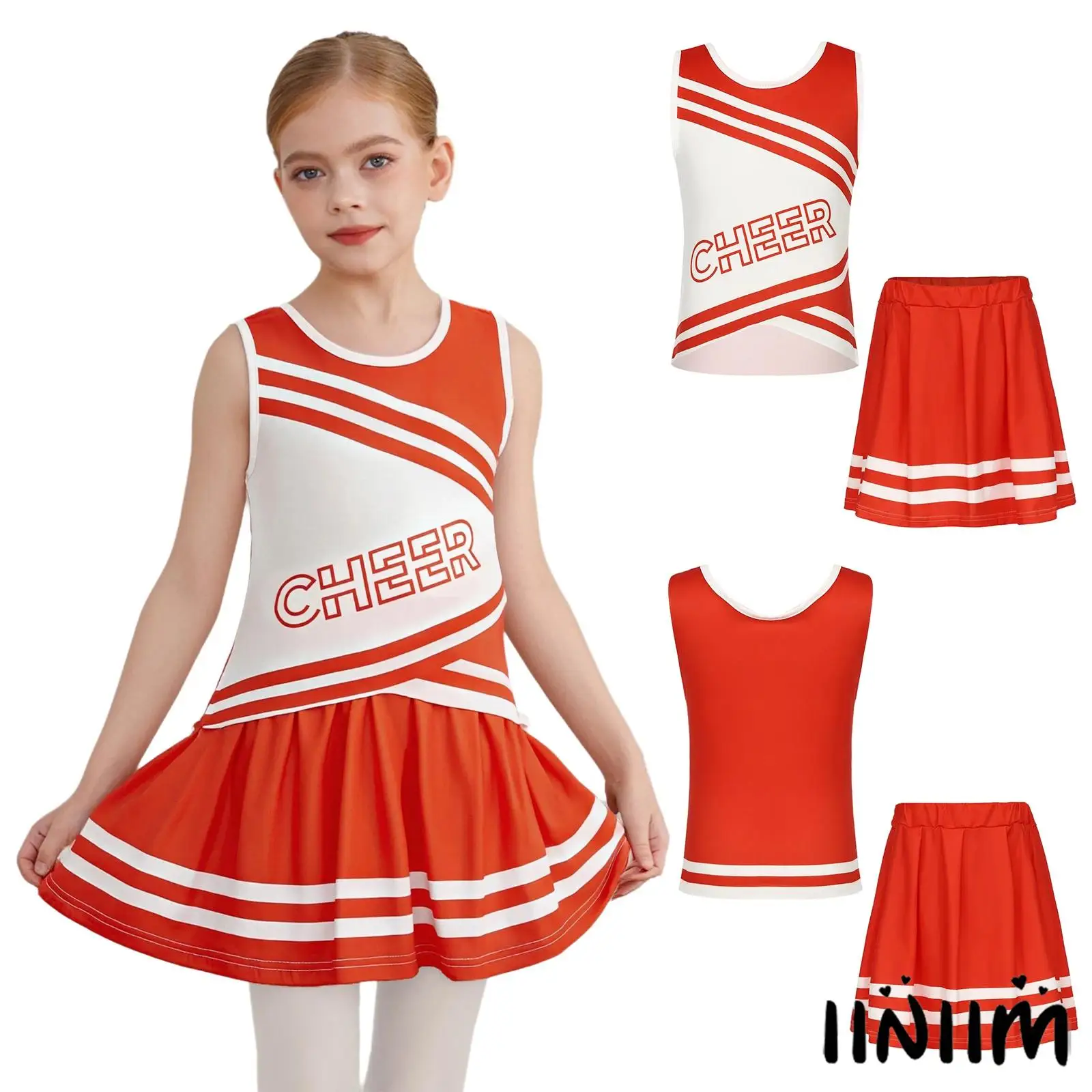 

Kids Girls 2Pcs Cheerleading Dance Uniform Letter Print Round Neck Sleeveless Dance Top And Pleated Skirt for Campus Activities