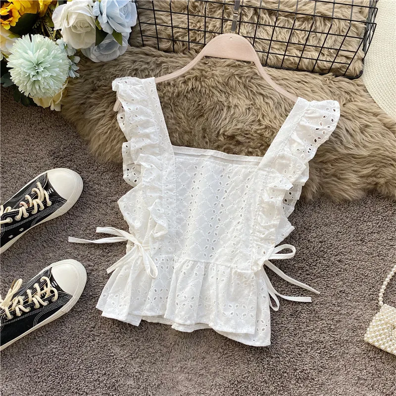 2023 Summer New Korean Cut Out Water Soluble Lace Shirt Slim Fit Short High Waist Irregular Outwear Top