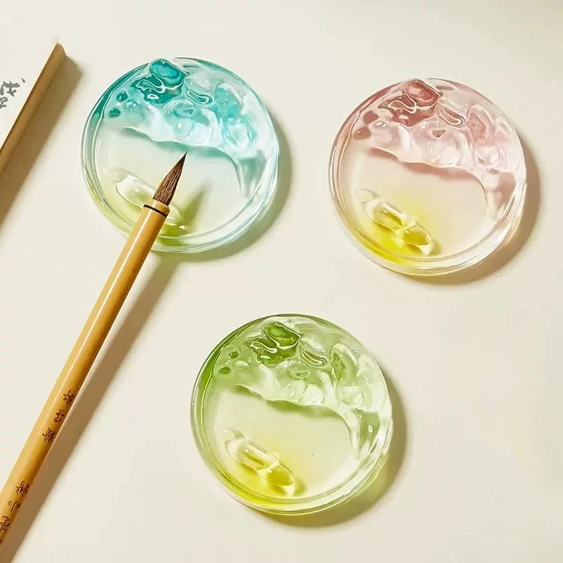1PC Gradient Glazed Glass Ink Dish with Brush Rest, Chinese Calligraphy Painting Ink Plate Four Treasures of the Study