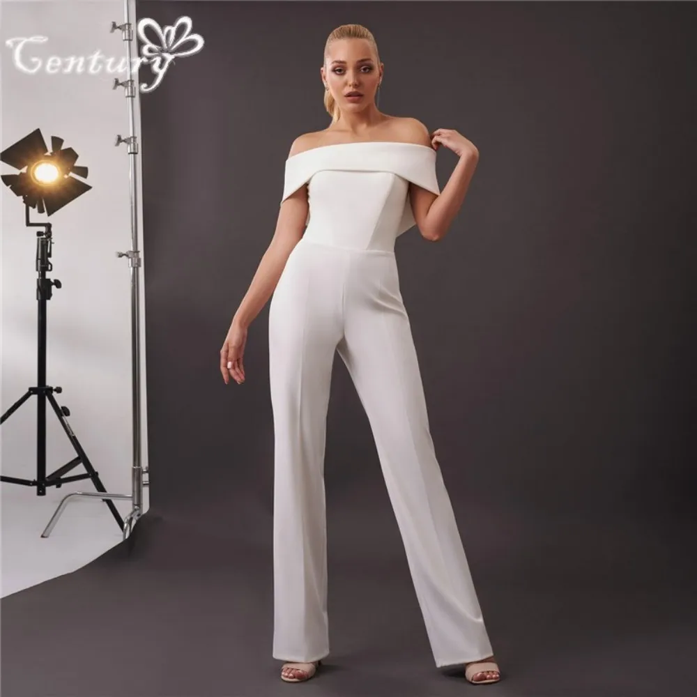 

Simple Wedding Jumpsuits for Women 2025 Off the Shoulder Soft Satin Bridal Pantsuit Bride Reception Jumpsuit Customized