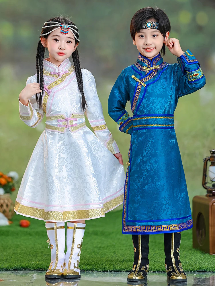 

Детские костюмы для танцевальных выступлений: монгольские этнические наряды для мальчиков и девочек, тибетские этнические костюмы, белые костюмы Монту Чопстис