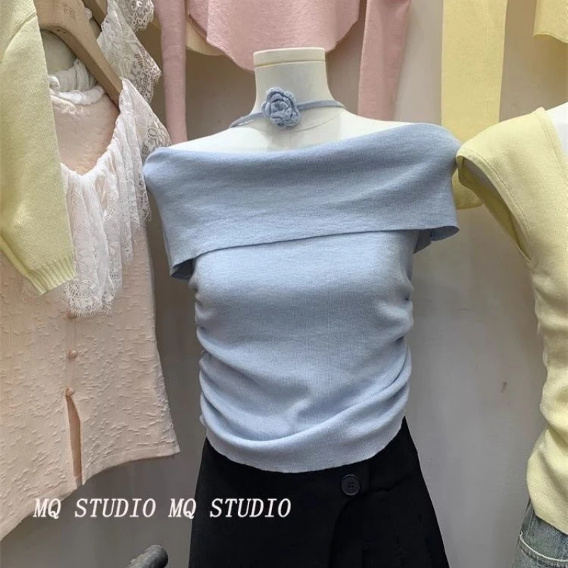 

Sweet Design Three-dimensional Wool Sweater Women's Summer Straps Waist-removing Pleated One-shoulder Slim Short Top