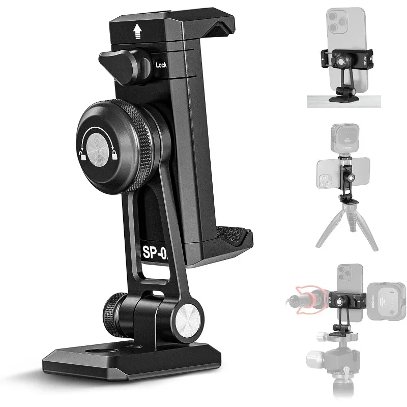NEEWER Metal Phone Tripod Mount Arca QR Base, 360° Swivel 180° Tilt Cold Shoe Holder for iPhone 17 16 15 Samsung S25 S24