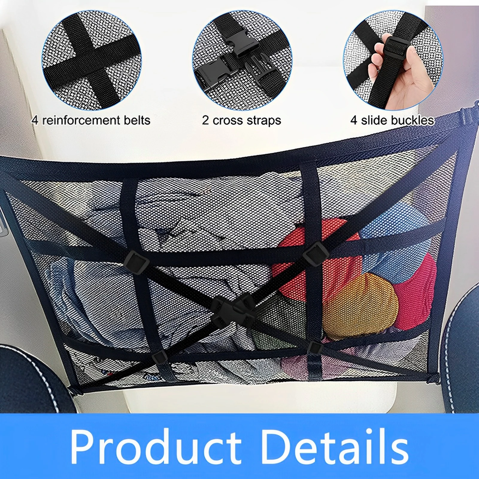 Car Ceiling Cargo Net Pocket Space Saving Auto Roof Cargo Storage Net with 2 Hooks Large Capacity Car Roof Organizer Adjustable