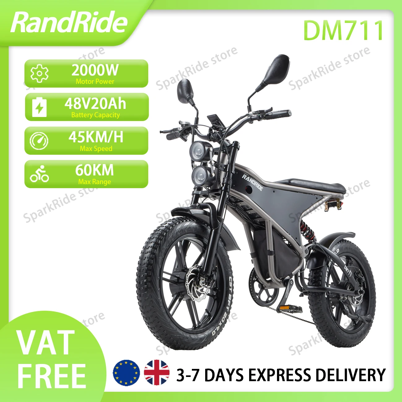 RandRide DM711 Motorrad-Style E-Bike 2000W Motor 48V20Ah Akku 45KM/H 60KM Reichweite 20'' Fat Tire Hydraulische Scheibenbremse Vollfederung E-Bike für Erwachsene