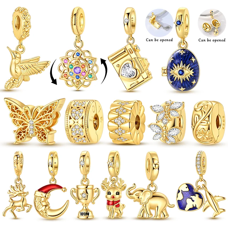 925 Sterling Silver Charms Bead CZ Zircon Gold Plated Camera Trophy Moon Pendants DIY Jewelry Woman Gift