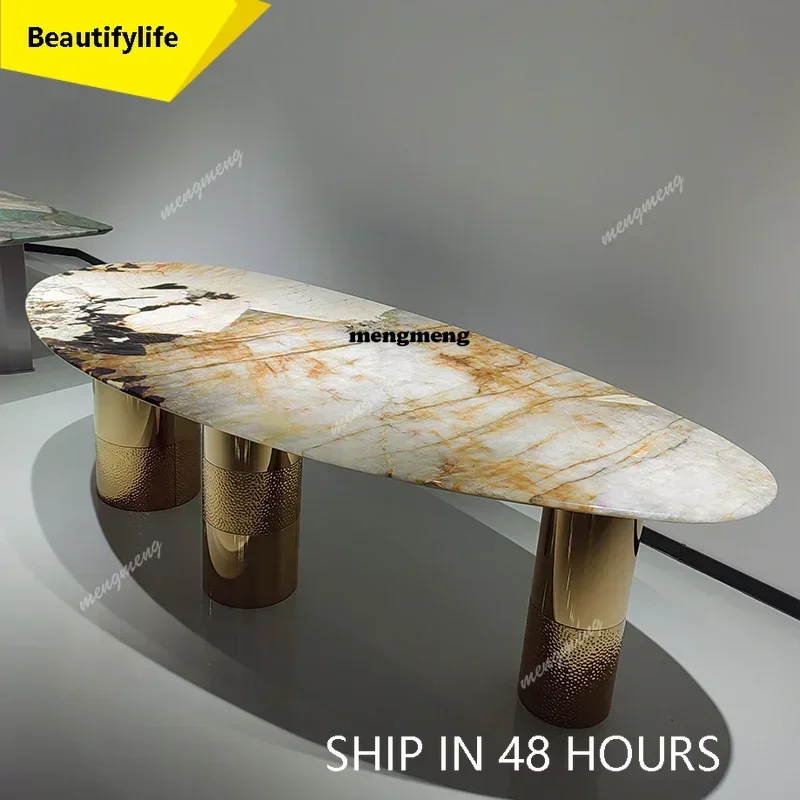 CC Trending Villa Home Design Corrosion/Heat/Easy-Clean Italian Luxury Stainless Steel Dining Table, Oval Imported Stone Tableto