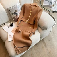 YuooMuoo 2025 Autumn Winter Women Knitted Dress Brand Fashion O-neck Buttons Bodycon Sweater Dress with Belt Lady Office Dress - Image 3