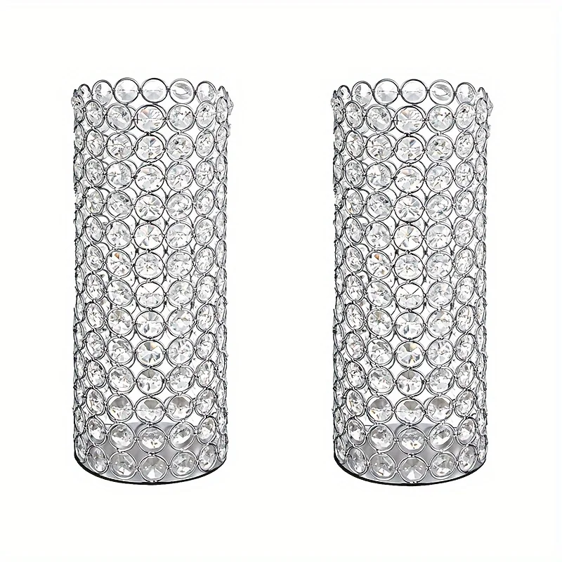 

2 Crystal Metal Candle Holders, 10.4 Inch High Sparkling Hurricane Candle Holders, Cylindrical Vase, Wedding Room, Party Decor