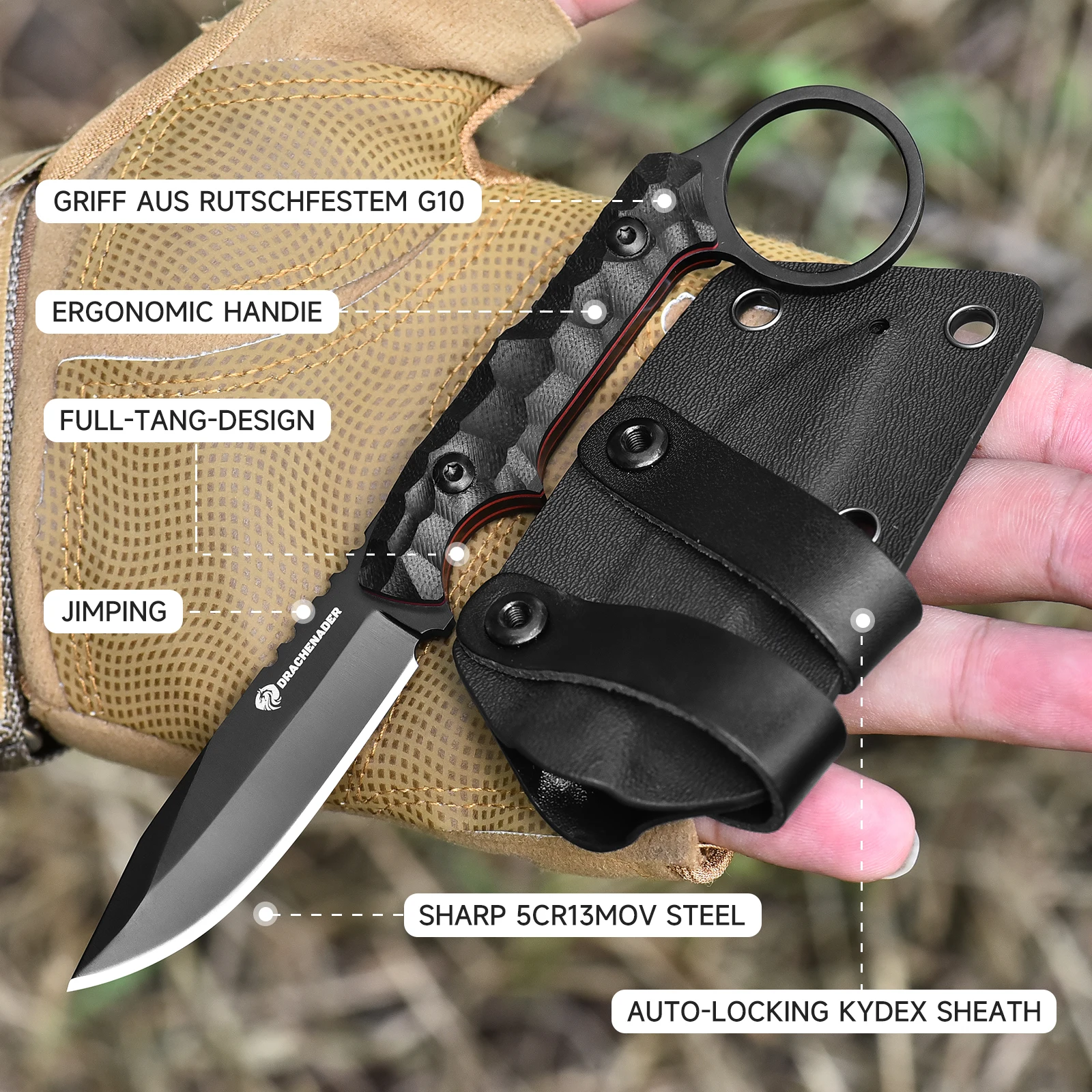 Cuchillos de hoja fija pequeños con funda Kydex, cuchillo táctico de espiga completa de 16,8 CM EDC, cuchillo de cuello para pesca al aire libre (cadena no incluida)