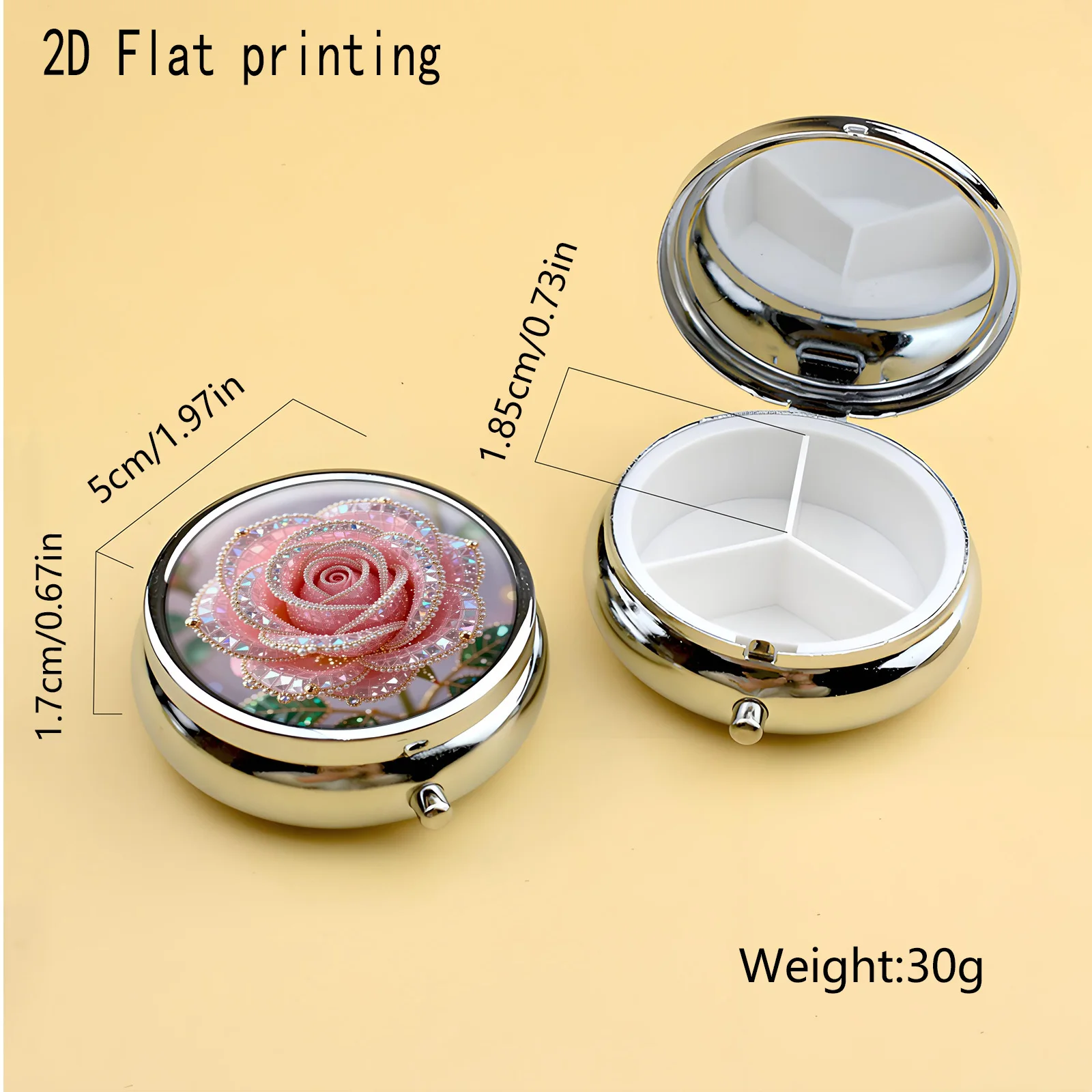 1pc 2D Flat Print Pill Box, Pink Rose Gemstone Design, Portable Metal Medicine Case, Lightweight Gift with Compartments