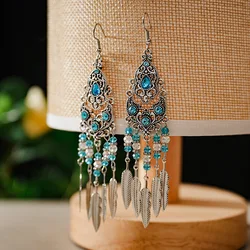 Boho Vintage Leaf Tassel Earrings For Women Geometric Crystal Rhinestone Beads Handmade Beach Vacation Drop Dangle Jewelry Gift