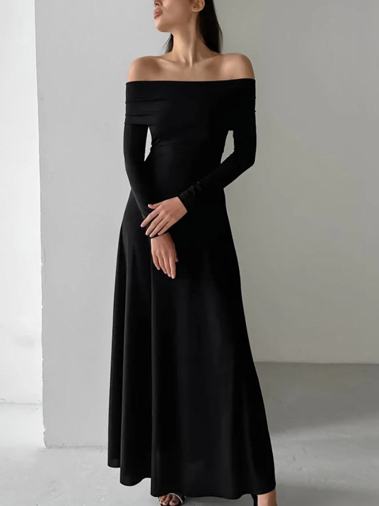 

French Sexy Off Shoulder Slimming Dress for Women Elegant Long Sleeved High Waist Backless Dress Simple Evening Party Dress