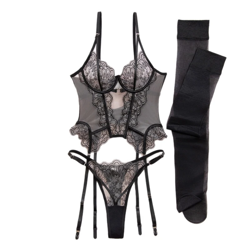 

Bikini with eyelash lace embroidery, sheer mesh long tank top and panties two-piece set with stockings