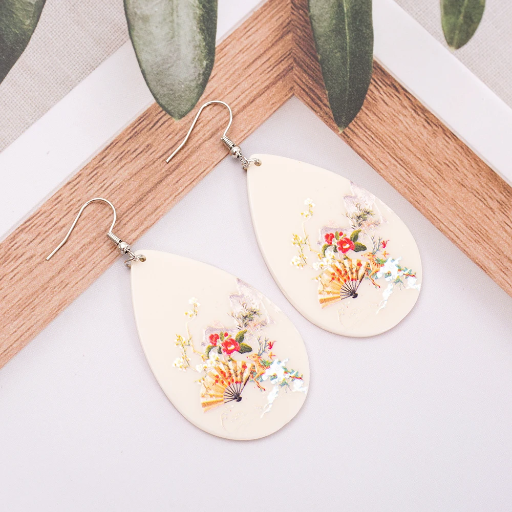 New Oriental Ethnic Style Fan Flowers Landscape Painting Pattern Acrylic Water Drop Earrings For Women Aesthetic Girls Jewelry