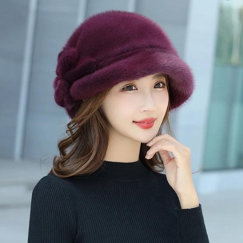 100% Real Mink Fur Hat Edamame Beanie For Girls Soft Thickened Furry Beret Ladies Hat Elegant Winter Outdoor Windproof  Warm Hat