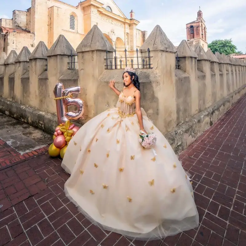 تخصيص ضوء الشمبانيا قبالة الكتف Quinceanera فستان تول فراشة الديكور القوس vestidos دي 15 Quinceanera ﻿