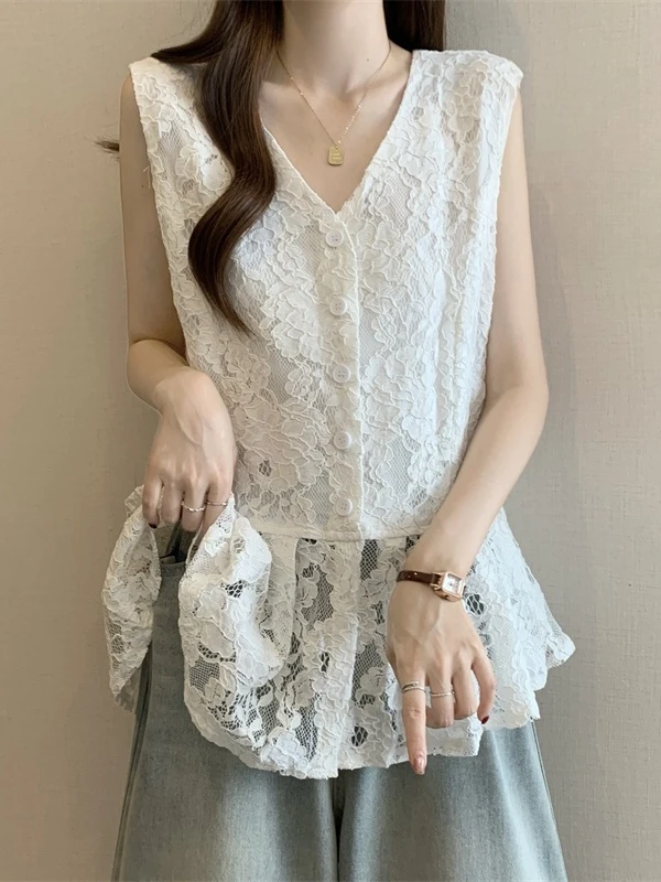 Lace Hollow out V-neck Tank Shirt Women's Summer New Large Size Fat MM High-grade Lightweight Luxury Base Top