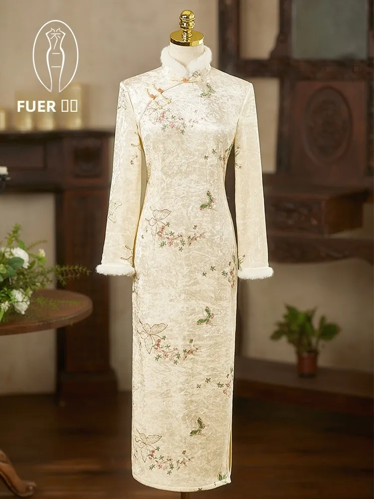 

Autumn Winter Long Sve Embroidered Fce Thi Floral Stitch Stand Collar Midi Dr Warm Vintage Sle for Women