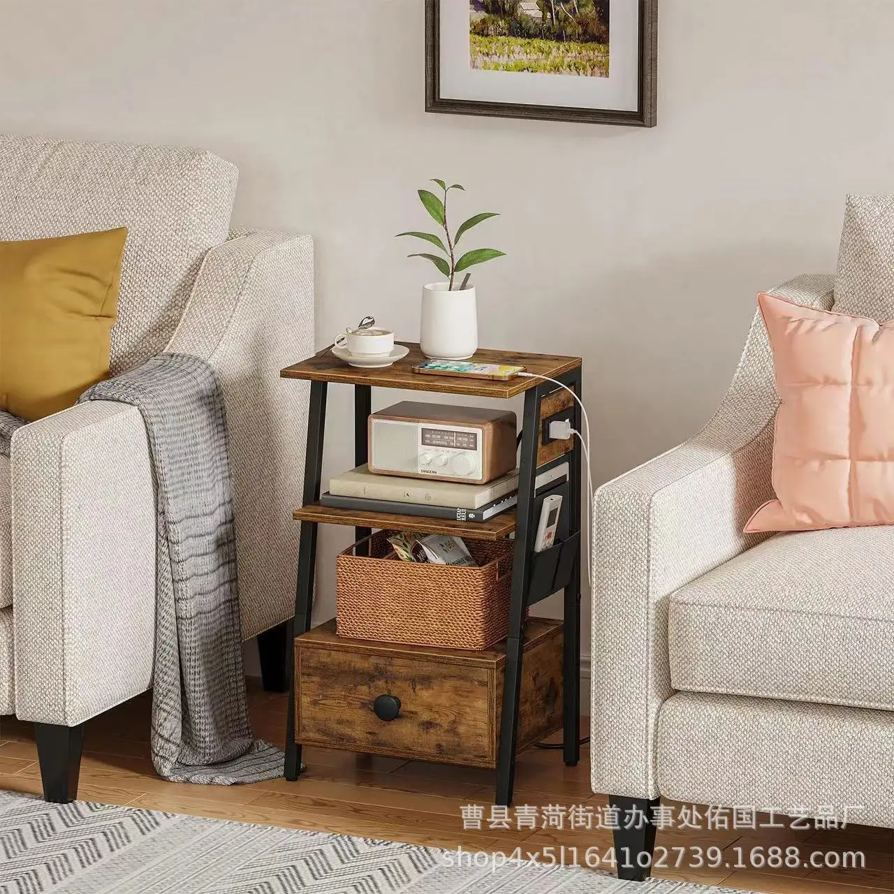 Iron-wood combined wooden side table with power interface with socket bedside table with drawer storage rack side table