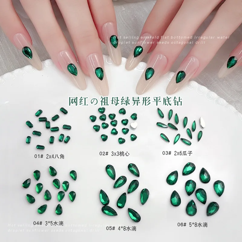 50 Uds. De diamantes brillantes de color verde esmeralda con parte posterior plana, gota de amor, almendra, Octogan, decoración de uñas, abalorios de joya para manicura