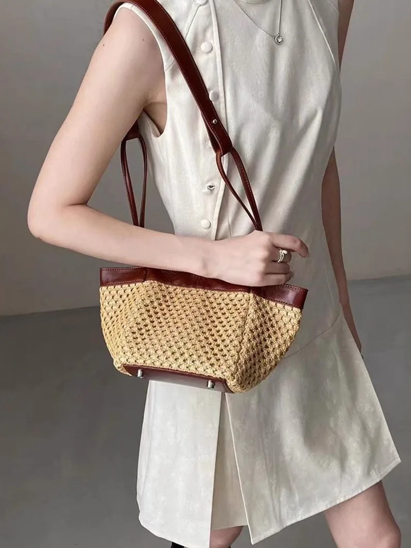 

Faux Rattan Woven Women Handbags Luxury Pu Leather Shoulder Crossbody Bags Summer Beach Small Tote Bag Fashion Hollow Basket Bag