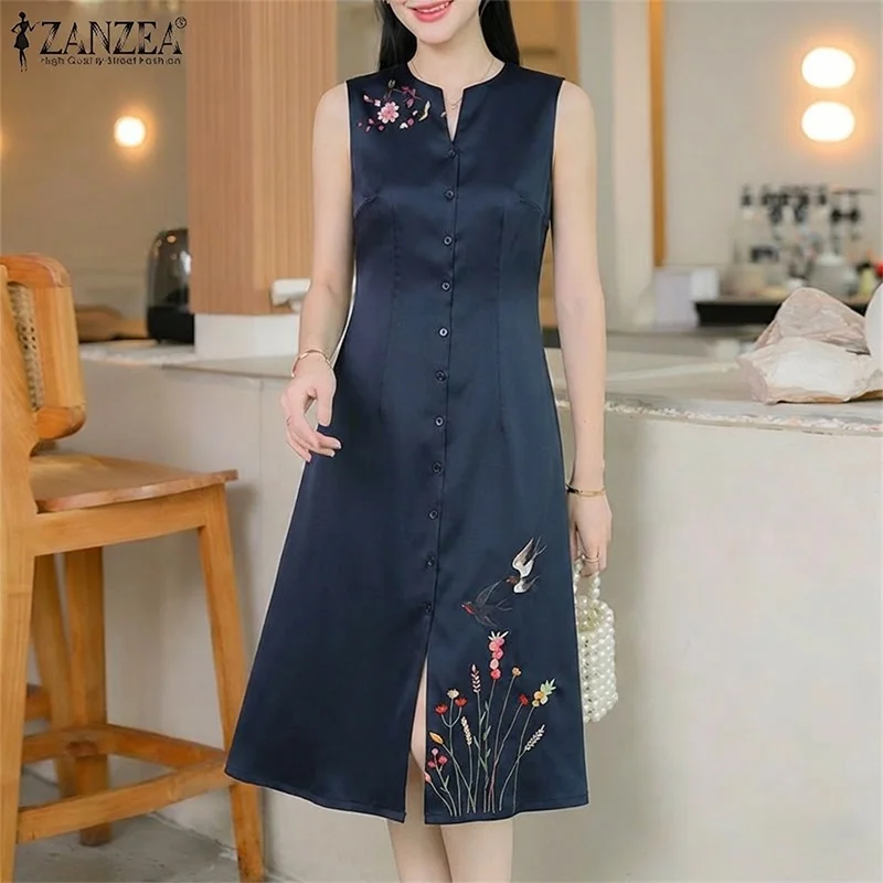2026 elegante decote em v sem mangas vestido de verão zanzea feminino vestido de verão elegante impresso trabalho midi vestidos de cetim botões até vestido de verão