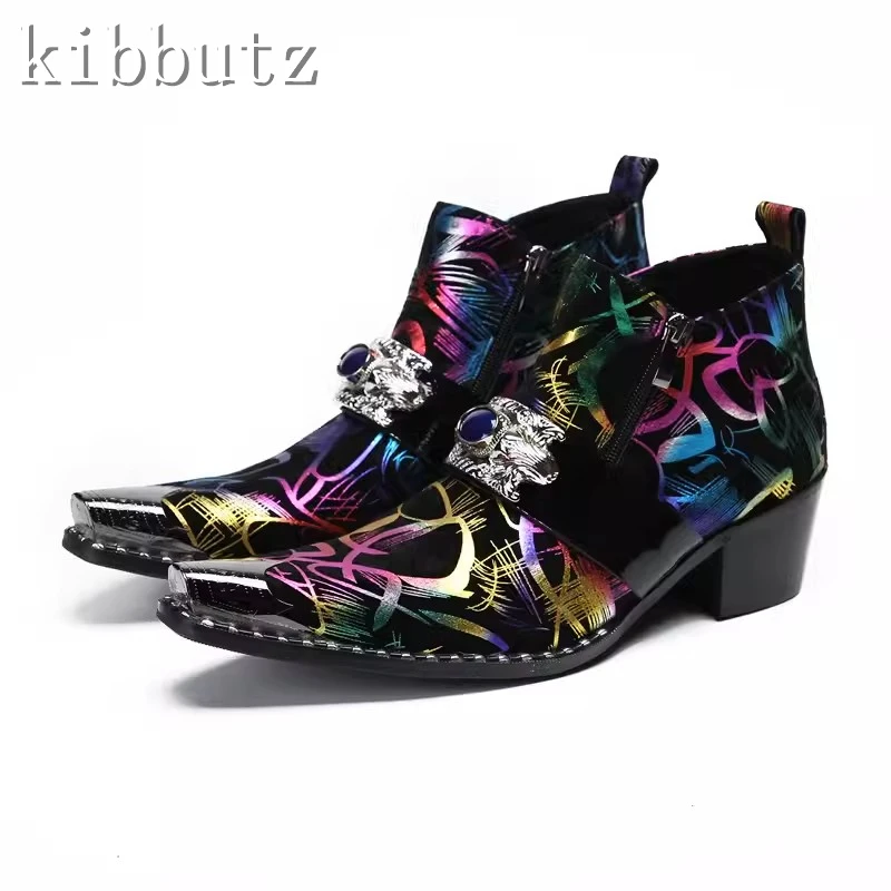 Designer Prints High Heel Men Leather Shoes Increase Genuine Leather Heel Ankle Boots Male Punk Fashion Dancer Short Boots