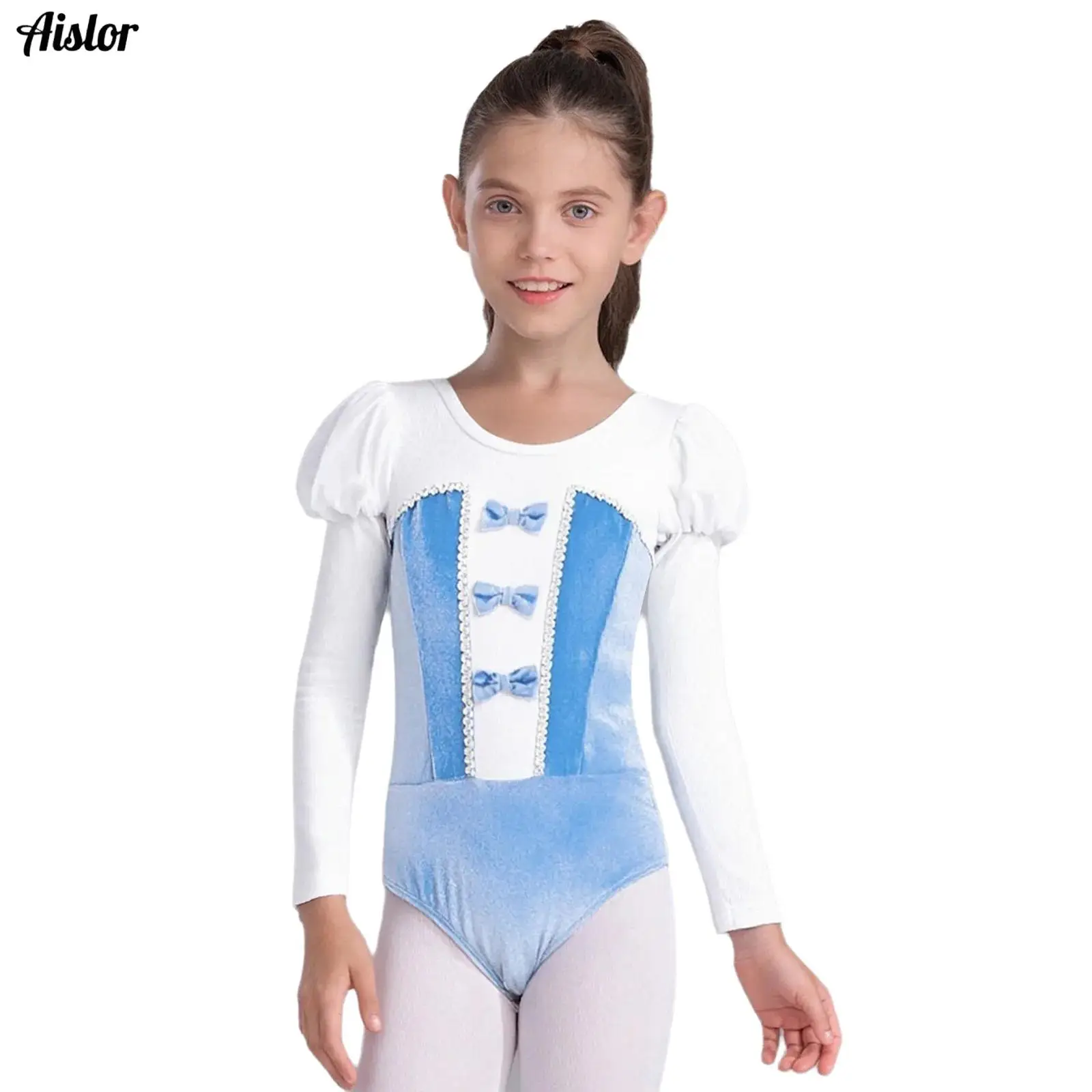 

Kids Girls Ballet Dance Leotard Bowknot Round Neck Puff Long Sleeves Velvet Patchwork Color Block Bodysuit Ballet Dancewear