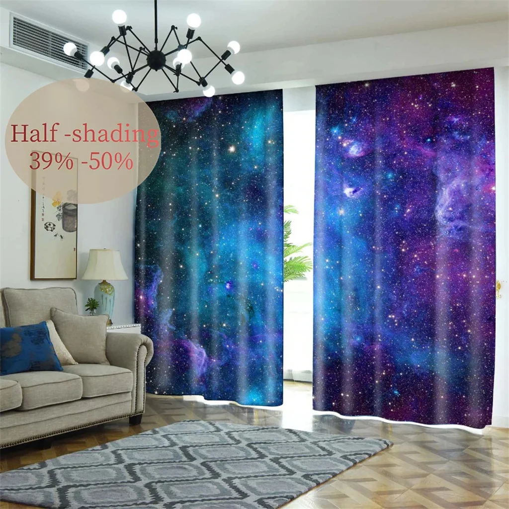 Blue Night Moon Cloud Galaxy Shine Stars Starry Window Curtain For Living Room Kids Bedroom Bathroom Kicthen Door Home Decor2Pcs