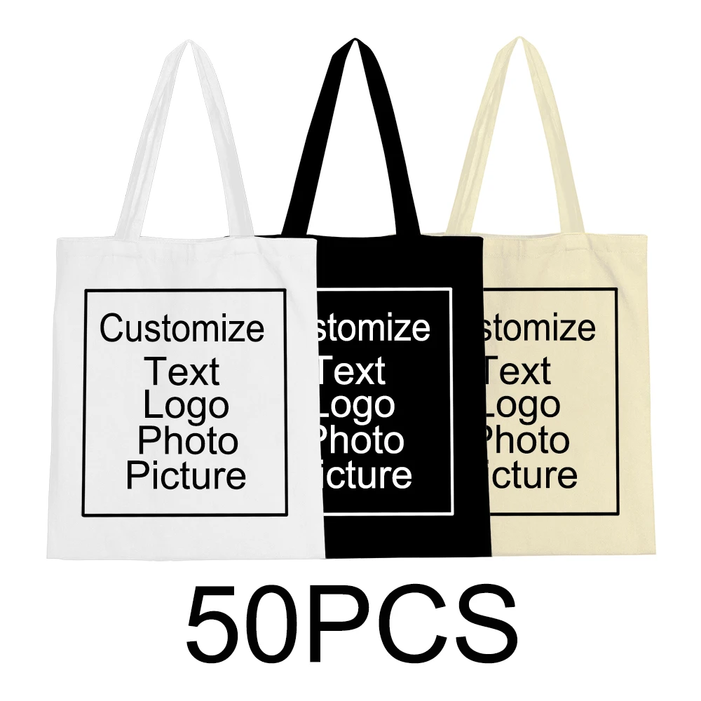 50pcs DIY Personal Customized Tote Bag Shopping Add Your Logo Print Original Design Travel Canvas Shoulder Bags Women Handbags