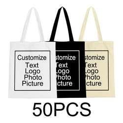 50pcs DIY Personal Customized Tote Bag Shopping Add Your Logo Print Original Design Travel Canvas Shoulder Bags Women Handbags