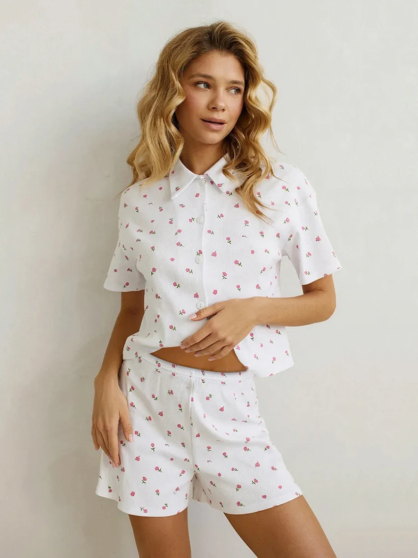 

Marthaqiqi Printing Women Nightwear Set Turn-Down Collar Sleepwear Short Sleeve Nightie Shorts Summer Ladies Pajama 2 Piece Suit
