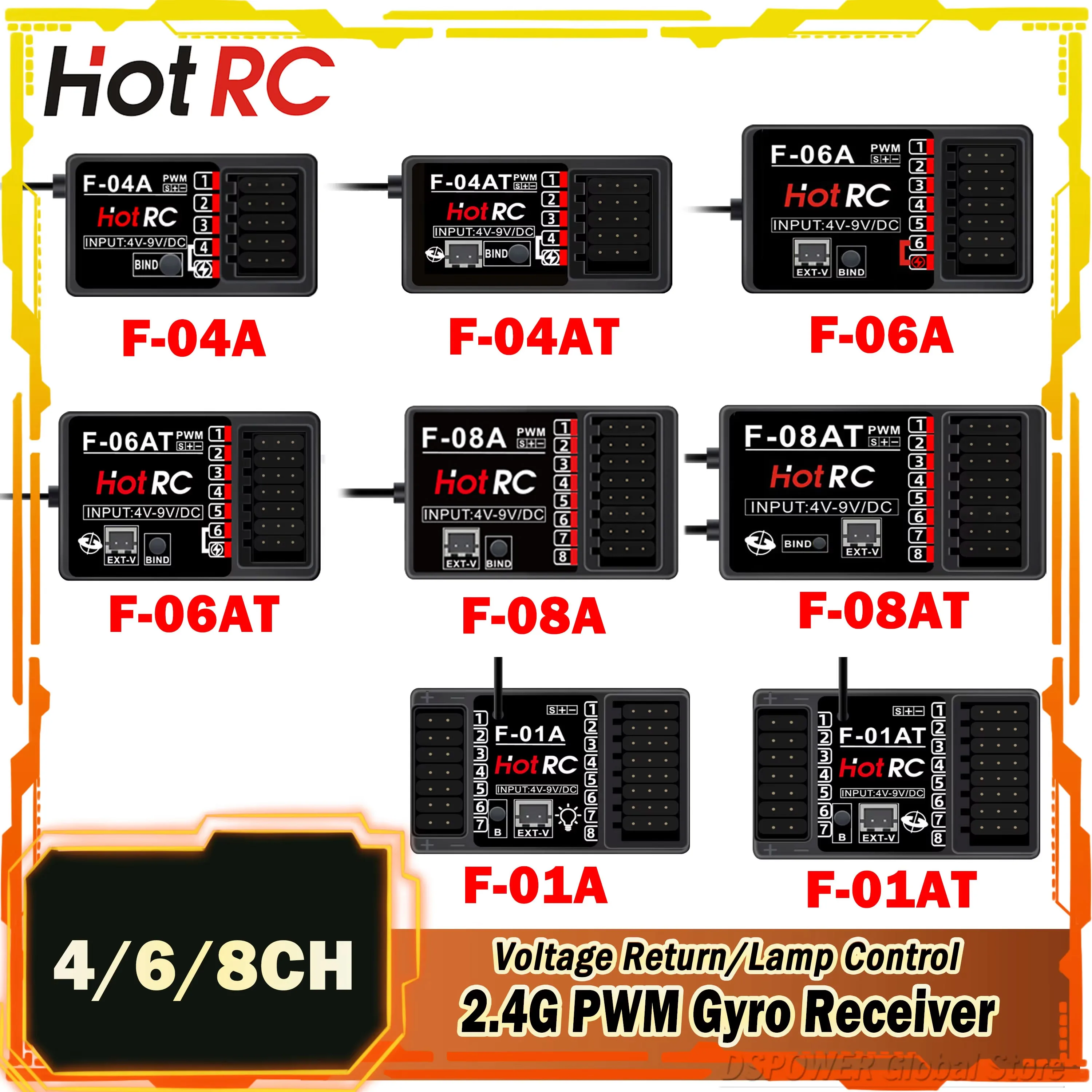 HotRC 4/6/8CH F-04AT F-06AT F-08AT F-01A F-01AT 2.4G Gyro Receiver Voltage Return PWM Lamp Control for RC Car Aircraft Tank Boat