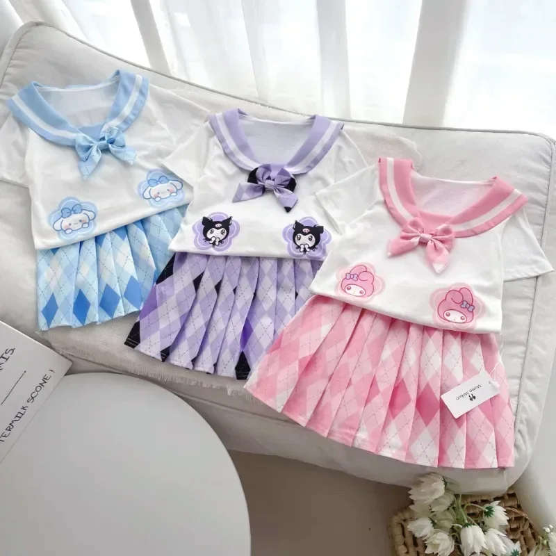 Anime Sanrio Cinnamoroll Kuromi perempuan Jk Set rok Kawaii seragam anak-anak My Melody gaun rok lipit hadiah ulang tahun