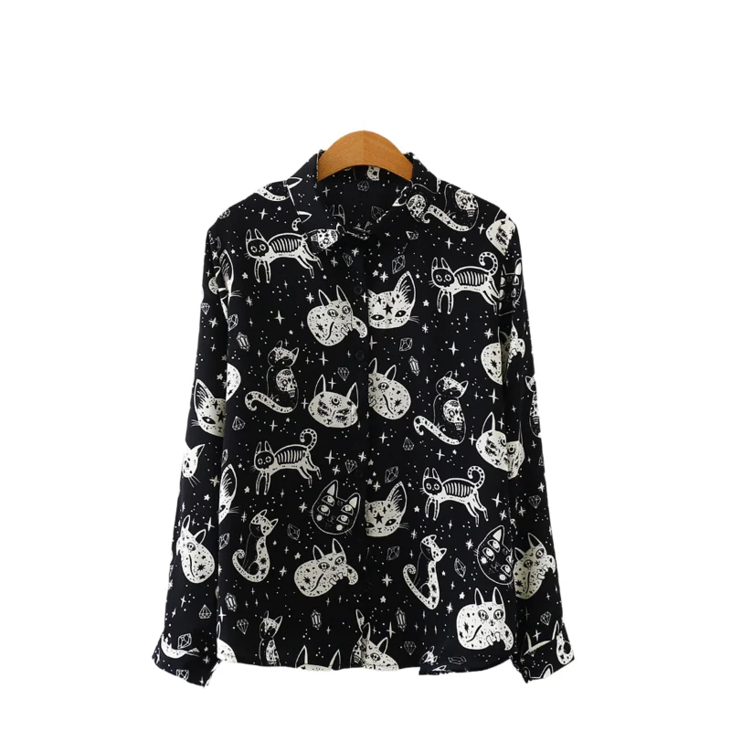 Spring Autumn Women\'s New Shirt Tops Cat Print Button Shirts Fashionable Loose Design Satin Casual Collar Long Sleeve Tops