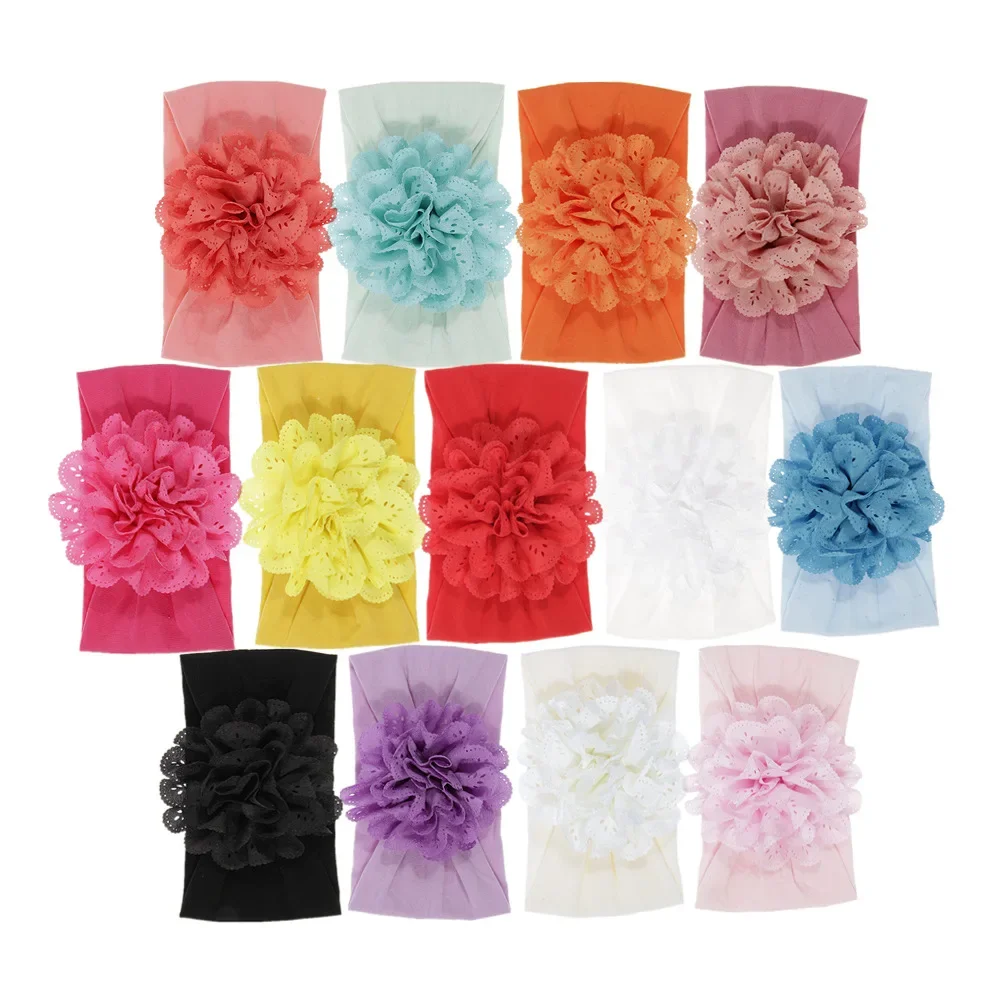 New Soft Stretch Eyelet Fabric Flower Baby Headband Newborn Knot Wide Nylon Headwraps Turban Girls Headwear Kids Photo Props