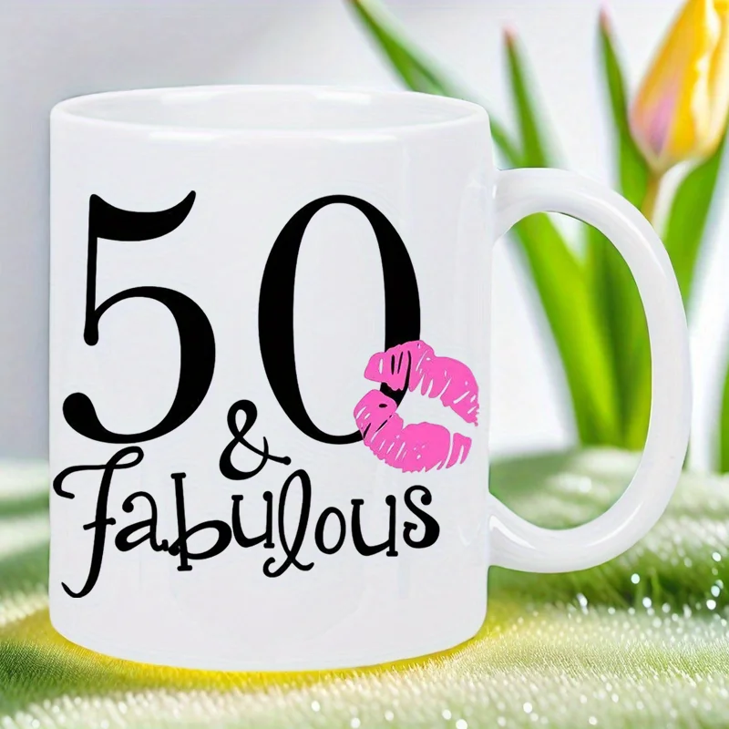 

Beautiful mug for a 50th birthday celebration - pink flamingo with "50" and "FABULOUS" on white reusable coffee cup