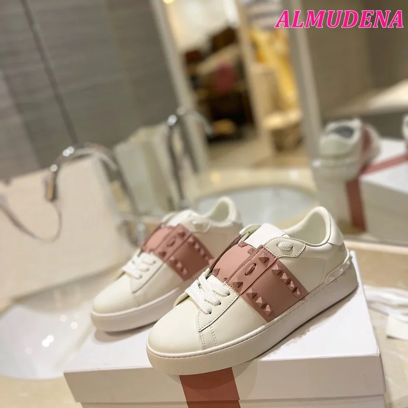 Casual Dress Rockstud White Leather Sneakers Soft Lace up Flats Big Size Women\'s Summer New in Luxury Designer Sports Shoes