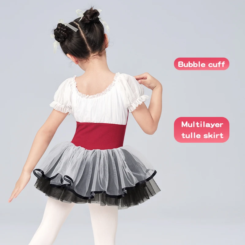 Girls Ballet Tutu Contrast Color Dress Puff Short Sleeve Leotards Toddlers Korean Gymnastics Ballet Dance Fluffy Dress Costumes