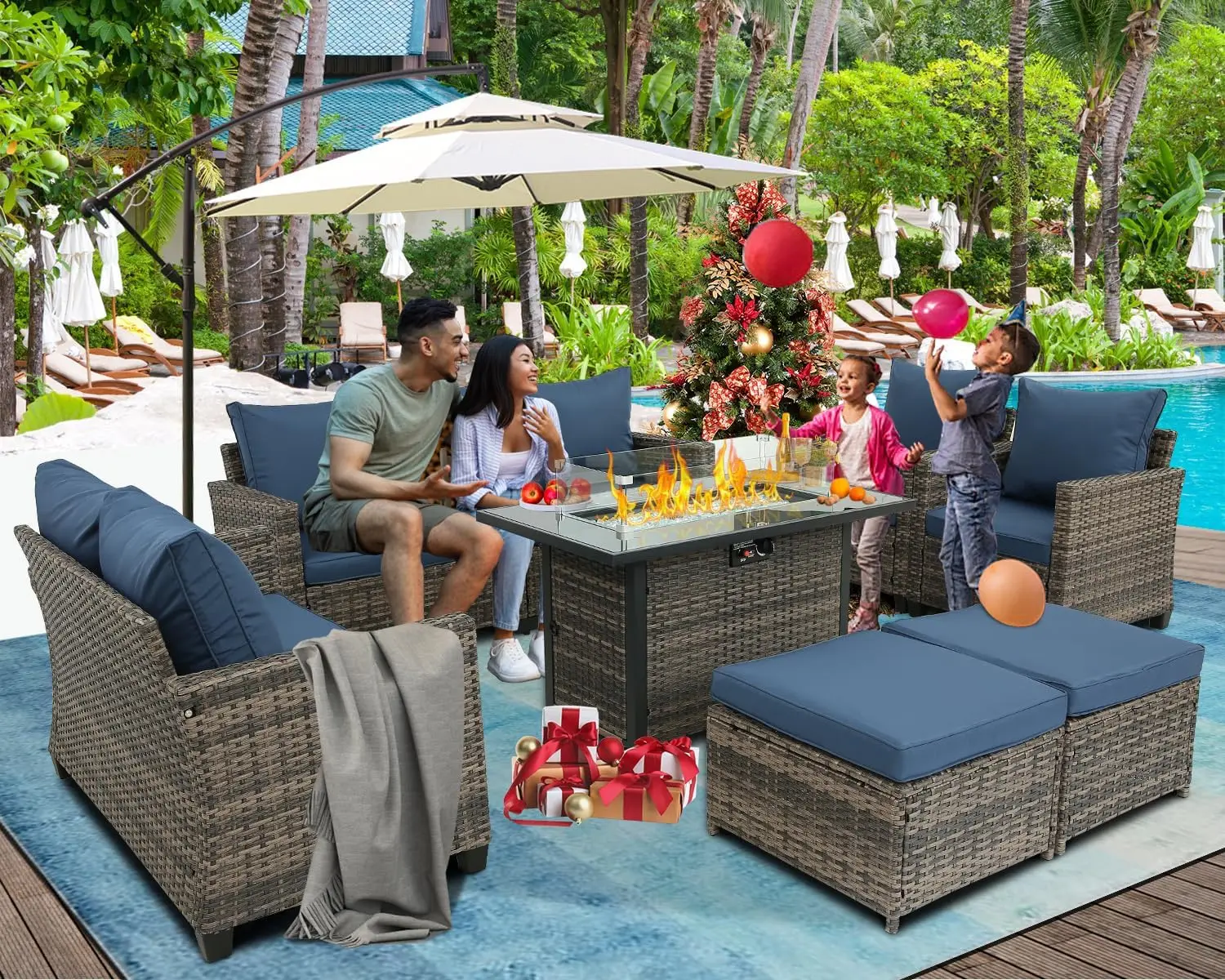 Mobília ao ar livre do pátio ajustada, Sofá de vime do Rattan ajustado com 44 "Propano Gás Fire Pit Table, Varanda exterior do Rattan