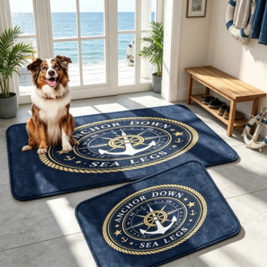 Navy Gold Anchor Soft Mat, Navy Compass Anchor Foot Mat, Navy Ship Wheel Anchor Runner, Eternal Bloom Floral Mat.