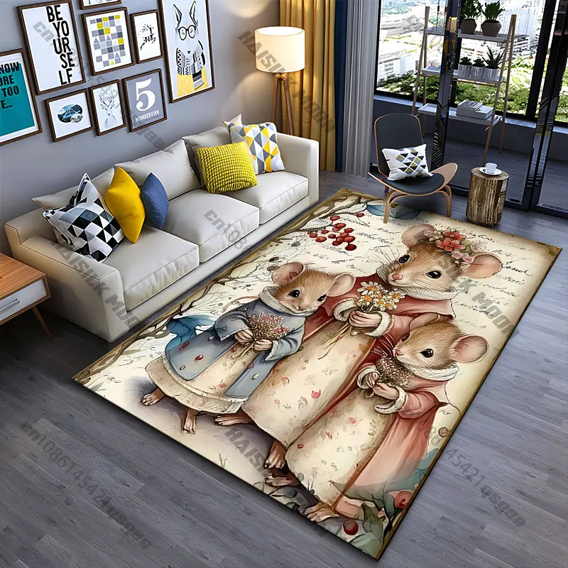 Whimsical mice family gathering carpet Yoga living room room decor children's crawling mat doormat area rug games mat