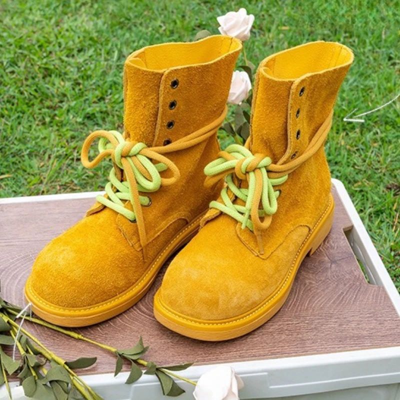 

Fashion Round Toe Lace Up Design Ankle Boots Women High Quality Faux Suede Boots Cozy Non-slip Platform Boots Zapatos De Mujer