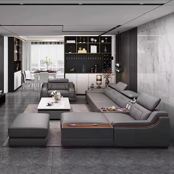 

@！Italian Leather Sectional Sofa Set with Charging Station and Speaker Cup Holders Adjustable Headrests Modern Living Room Sofas