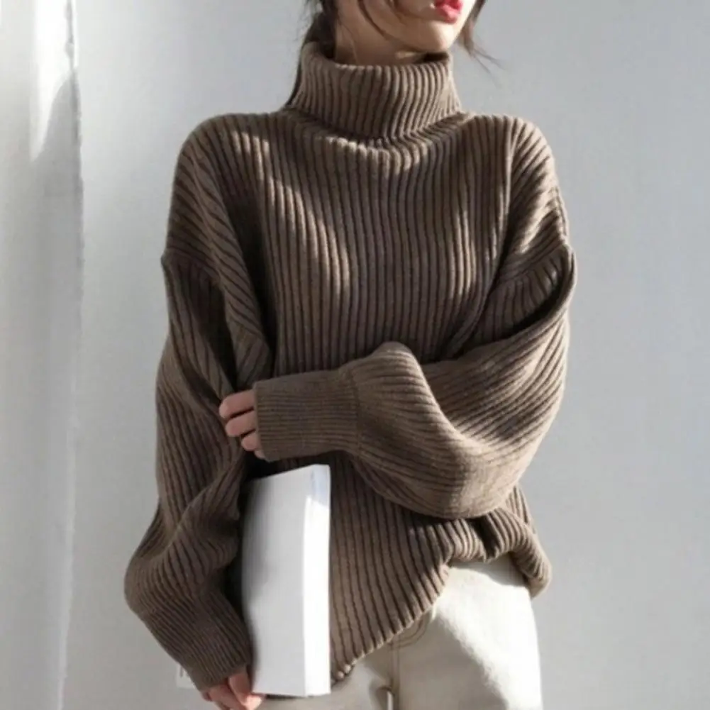 Women Sweater High Collar Neck Windproof Loose Thick Baggy Knitted Elastic Warm Fall Winter Pullover Lady Sweater