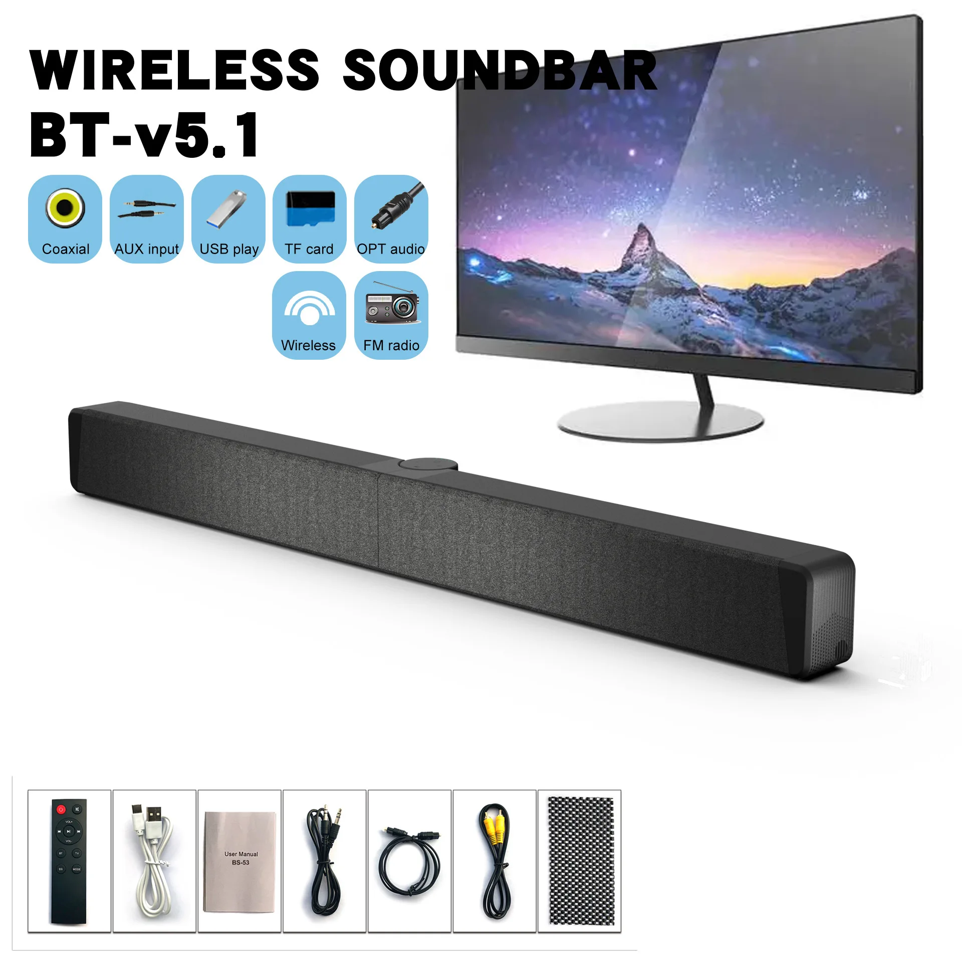 Bluetooth Sound Bar for TV Built-in Subwoofer Optical&RCA with USB&AUX Playback Remote Controlled TV Soundbar Foldable Speakers